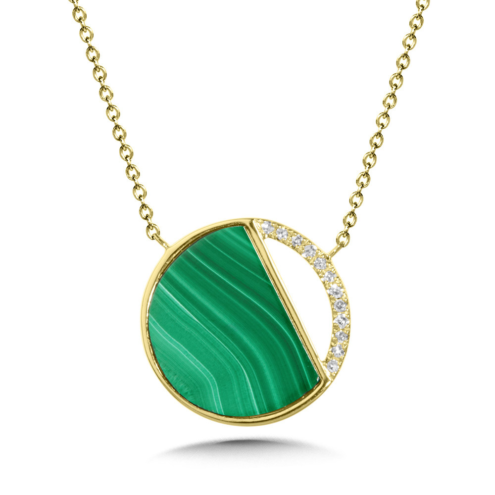 14K YELLOW GOLD CIRCLE NECKLACE WITH ONE 2.64CT MALACHITE AND 12=0.04TW SINGLE CUT G-H SI1-SI2 DIAMONDS 17