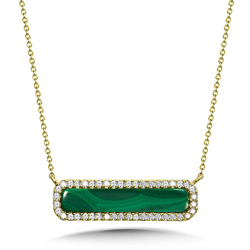 14K YELLOW GOLD HALO PENDANT WITH ONE 1.40CT RECTANGLE MALACHITE AND 44=0.22TW SINGLE CUT G-H SI2 DIAMONDS 17
