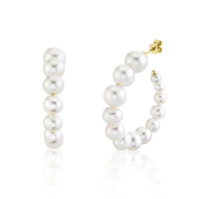 SHY CREATION 14K YELLOW GOLD HOOP EARRINGS WITH 26= ROUND CULTURED PEARLS