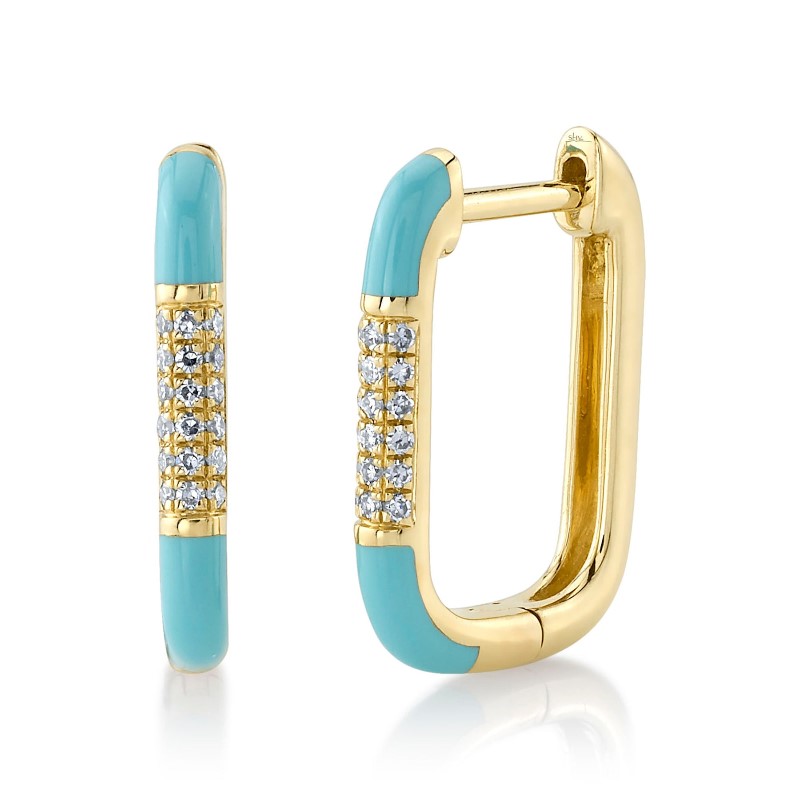 SHY CREATION 14K YELLOW GOLD RECTANGULAR HOOP DIAMOND EARRINGS WITH 18=0.08TW SINGLE CUT I I1 DIAMONDS AND TURQUOISE ENAMEL