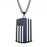 THIN BLUE LINE AMERICAN FLAG POLICE OFFICER STAINLESS STEEL DOG TAG ENAMEL PENDANT WITH 24