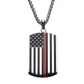 THIN RED LINE AMERICAN FLAG FIREFIGHTER STAINLESS STEEL DOG TAG ENAMEL PENDANT WITH 24