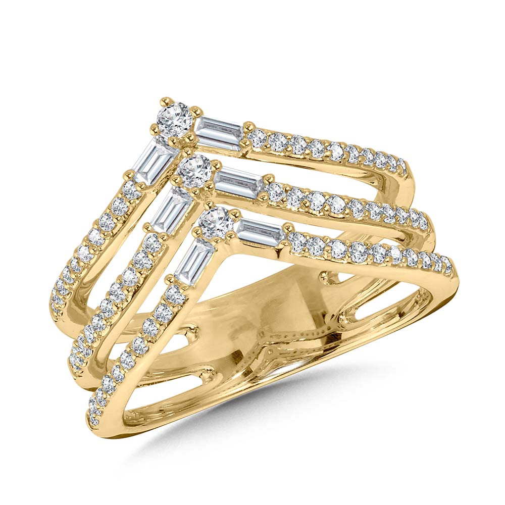 14K YELLOW GOLD CHEVRON DIAMOND FASHION RING SIZE 7 WITH 63=0.50TW ROUND H-I I1 DIAMONDS    (4.96 GRAMS)