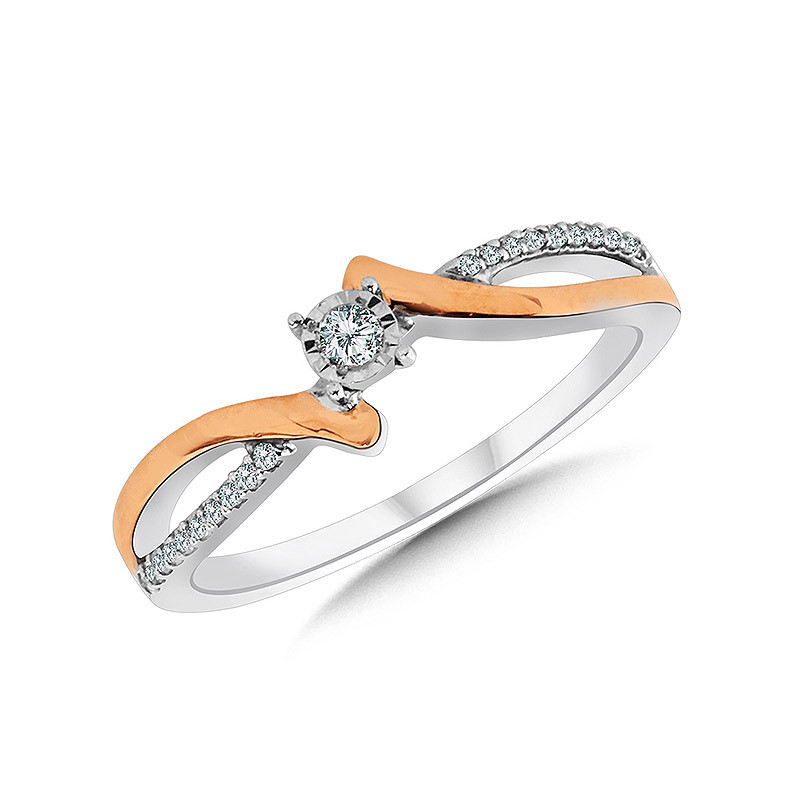 STERLING SILVER & ROSE GOLD SPLIT SHANK SILVER RING SIZE 7 WITH 21=0.10TW SINGLE CUT H-I I1-I2 DIAMONDS   (2.25 GRAMS)