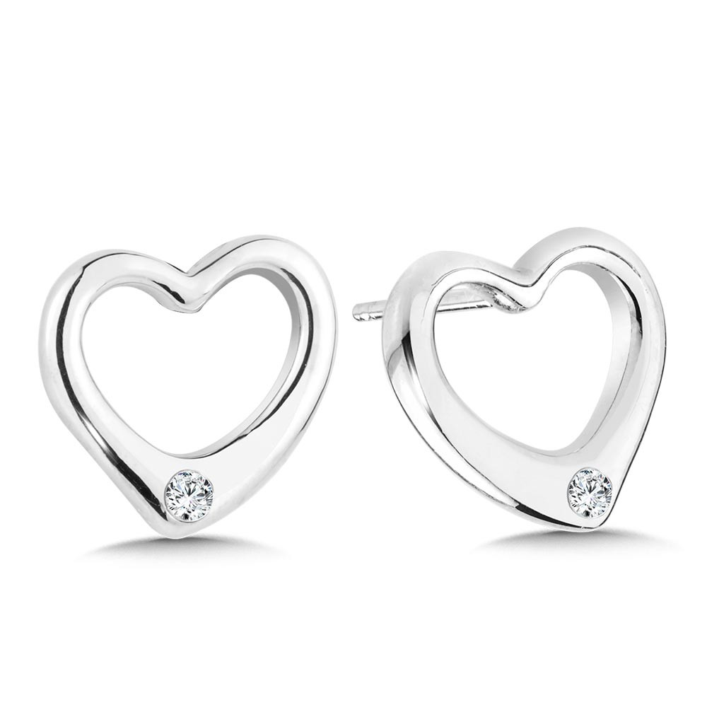 STERLING SILVER HEART STUD EARRINGS WITH 2=0.04TW ROUND H-I I1 DIAMONDS   (1.78 GRAMS)