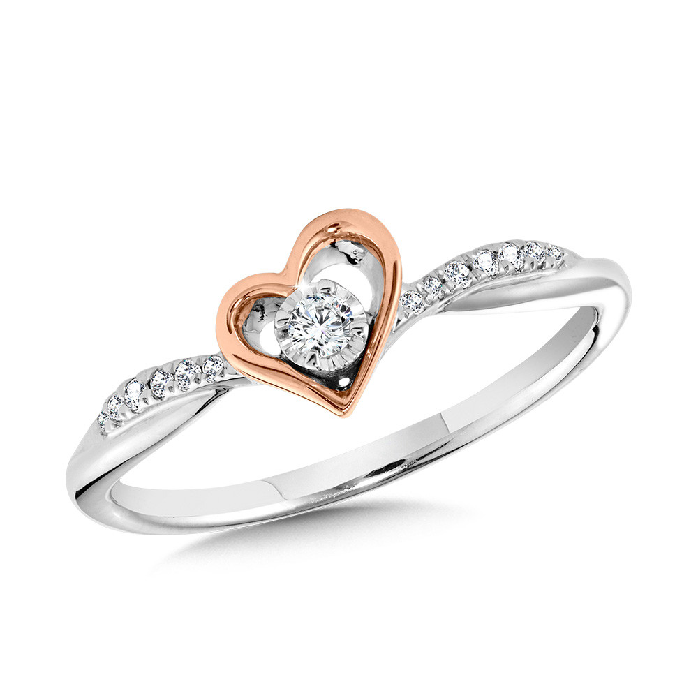 STERLING SILVER & ROSE GOLD HEART SILVER RING SIZE 7 WITH 14=0.10TW SINGLE CUT H-I I1-I2 DIAMONDS   (1.92 GRAMS)