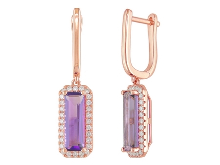 14K ROSE GOLD DANGLE EARRINGS WITH 2=2.58TW EMERALD AMETHYSTS AND 56=0.38TW ROUND G-H SI1 DIAMONDS   (3.74 GRAMS)
