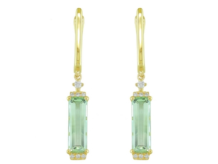 14K YELLOW GOLD DANGLE EARRINGS WITH 2=2.61TW BAGUETTE GREEN AMETHYSTS AND 14=0.10TW ROUND G-H SI1 DIAMONDS  (3.39 GRAMS)