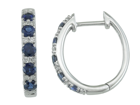14K WHITE GOLD HOOP EARRINGS WITH 10=0.72TW ROUND BLUE SAPPHIRES AND 24=0.14TW ROUND G-H SI1 DIAMONDS   (2.91 GRAMS)