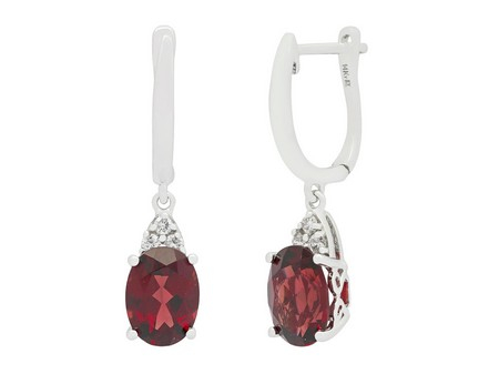 14K WHITE GOLD DANGLE EARRINGS WITH 2=3.28TW OVAL GARNETS AND 6=0.10TW ROUND G-H SI1 DIAMONDS   (2.72 GRAMS)