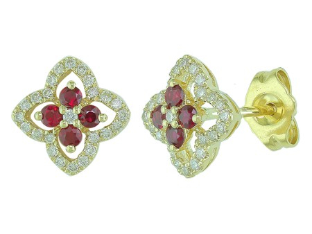 14K YELLOW GOLD STUD EARRINGS WITH 8=0.26TW ROUND RUBYS AND 50=0.21TW ROUND G-H SI1 DIAMONDS   (1.53 GRAMS)