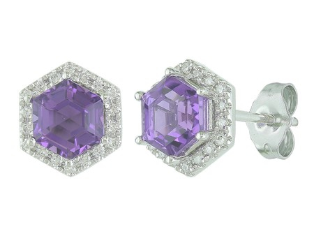 14K WHITE GOLD HALO EARRINGS WITH 2=1.85TW HEXAGON AMETHYSTS AND 36=0.19TW ROUND G-H SI1 DIAMONDS   (2.26 GRAMS)