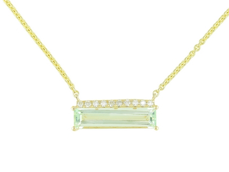 14K YELLOW GOLD BAR NECKLACE WITH ONE 1.72CT BAGUETTE GREEN AMETHYST AND 10=0.09TW ROUND G-H SI2 DIAMONDS 18