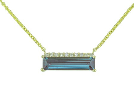14K YELLOW GOLD BAR NECKLACE WITH ONE 2.48CT BAGUETTE CREATED ALEXANDRITE AND 10=0.10TW ROUND G-H SI1 DIAMONDS 18