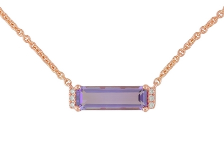 14K ROSE GOLD NECKLACE WITH ONE 1.31CT BAGUETTE AMETHYST AND 6=0.03TW ROUND G-H SI2 DIAMONDS 18