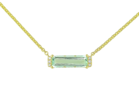 14K YELLOW GOLD NECKLACE WITH ONE 1.32CT BAGUETTE GREEN AMETHYST AND 6=0.03TW ROUND G-H SI2 DIAMONDS 18