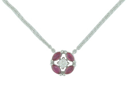 14K WHITE GOLD NECKLACE WITH 4=0.33TW MARQUISE RUBYS AND ONE 0.08CT ROUND G-H SI1 DIAMOND 18