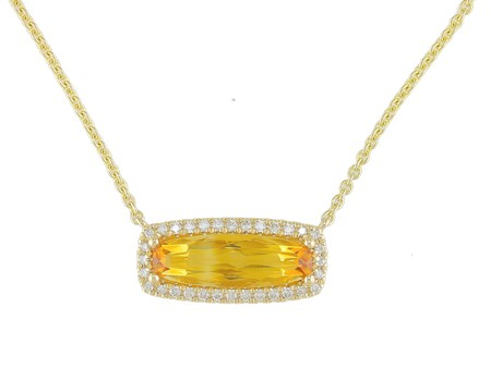 14K YELLOW GOLD HALO NECKLACE WITH ONE 2.10CT RECTANGULAR CUSHION CITRINE AND 32=0.16TW ROUND G-H SI1 DIAMONDS 18