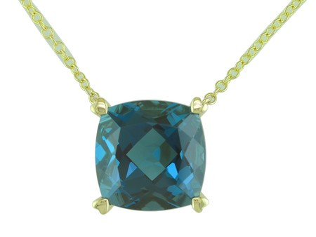 14K YELLOW GOLD SOLITAIRE NECKLACE WITH ONE 8.82CT CUSHION LONDON BLUE TOPAZ 18
