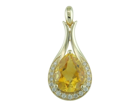 14K YELLOW GOLD PENDANT WITH ONE 1.56CT PEAR CITRINE AND 17=0.10TW ROUND G-H SI1-SI2 DIAMONDS 18