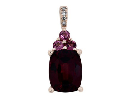 10K ROSE GOLD PENDANT ONE 2.66CT CUSHION RHODOLITE GARNET 3=0.15TW ROUND PINK TOURMALINES 4=0.03TW SINGLE CUT I I1 DIAMONDS 14 KARAT ROSE GOLD 18