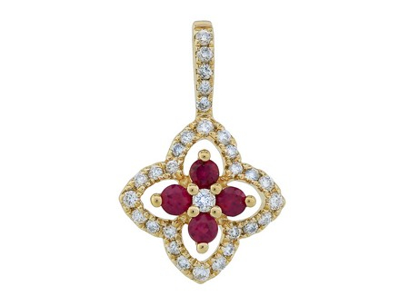 14K YELLOW GOLD PENDANT WITH 4=0.17TW ROUND RUBYS AND 30=0.15TW ROUND G-H SI1 DIAMONDS 18