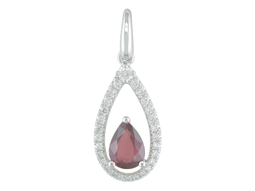 14K WHITE GOLD HALO PENDANT WITH ONE 0.75CT PEAR RUBY AND 28=0.20TW ROUND G-H SI1 DIAMONDS   (1.66 GRAMS)