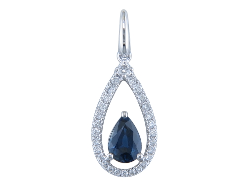14K WHITE GOLD HALO PENDANT WITH ONE 0.75CT PEAR BLUE SAPPHIRE AND 28=0.21TW ROUND G-H SI1 DIAMONDS   (1.66 GRAMS)
