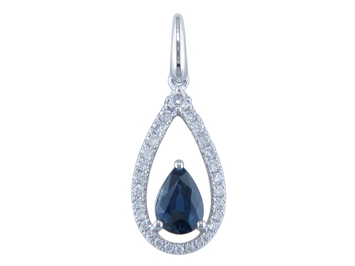 14K WHITE GOLD HALO PENDANT WITH ONE 0.87CT PEAR BLUE SAPPHIRE AND 28=0.21TW ROUND G-H SI1 DIAMONDS 18