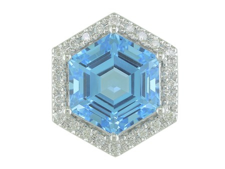 14K WHITE GOLD HALO PENDANT WITH ONE 3.96CT HEXAGON BLUE TOPAZ AND 24=0.16TW ROUND G-H SI1 DIAMONDS 18