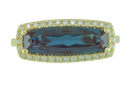 14K YELLOW GOLD HALO RING SIZE 7 WITH ONE 2.81CT ELONGATED CUSHION CREATED ALEXANDRITE AND 32=0.14TW ROUND G-H SI1 DIAMONDS   (3.13 GRAMS)