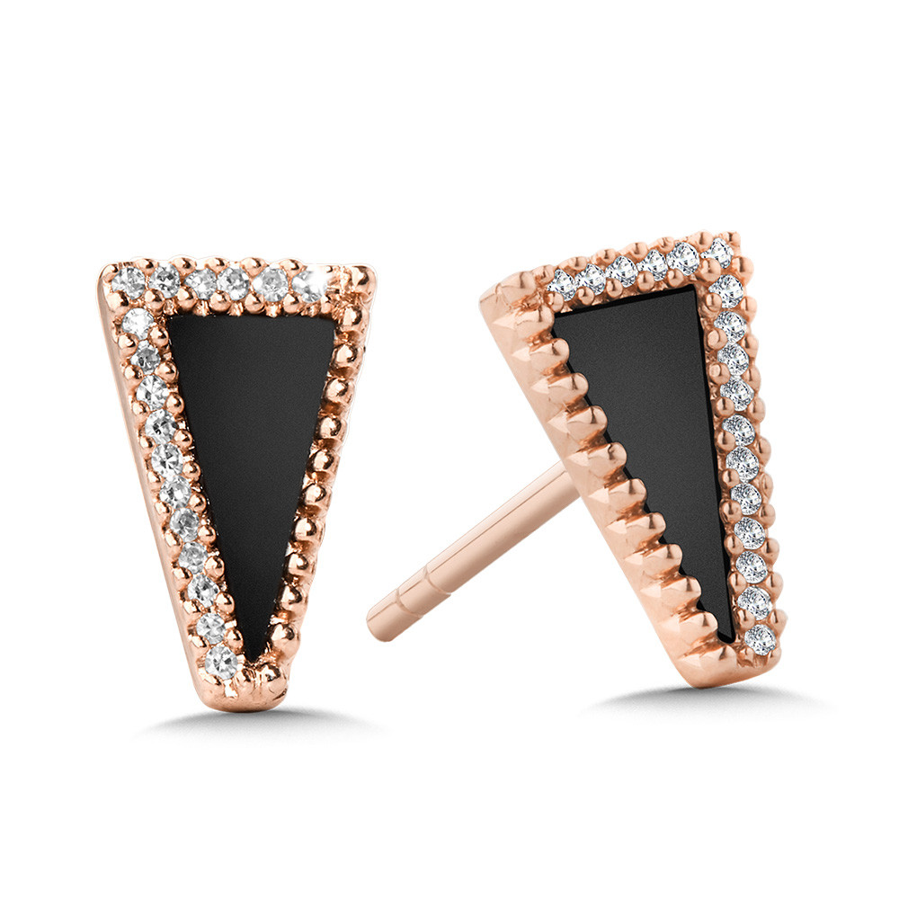 14K ROSE GOLD STUD EARRINGS WITH 2=0.37TW TRIANGLE ONYXS AND 34=0.07TW SINGLE CUT H-I I1 DIAMONDS   (1.76 GRAMS)