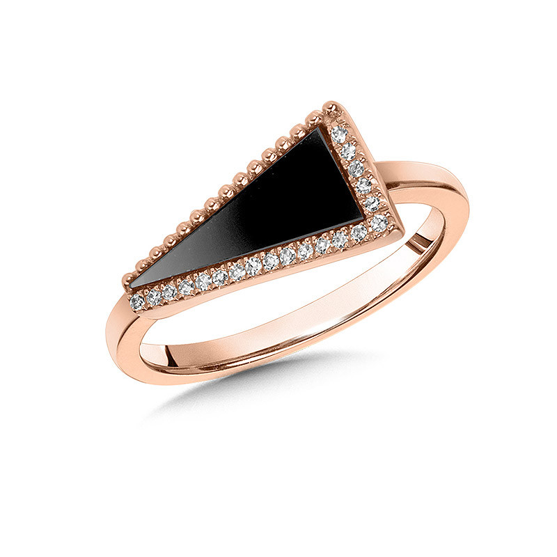 14K ROSE GOLD BEZEL RING SIZE 7 WITH ONE 0.47CT VARIOUS SHAPES ONYX AND 20=0.05TW SINGLE CUT H-I I1 DIAMONDS   (2.46 GRAMS)