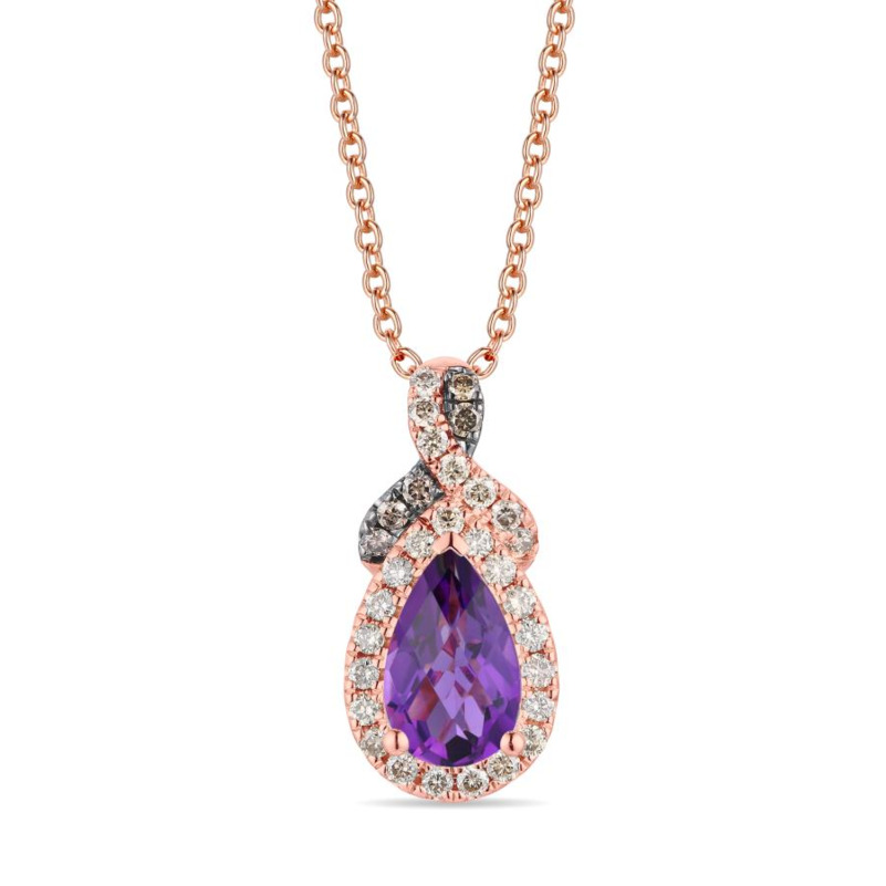 LE VIAN 14K STRAWBERRY GOLD HALO PENDANT ONE = 0.75CT PEAR GRAPE AMETHYST  26 = 0.18TW ROUND VS2-SI1 NUDE DIAMONDS  AND 5 = 0.06TW ROUND CHOCOLATE SI1 DIAMONDS 20