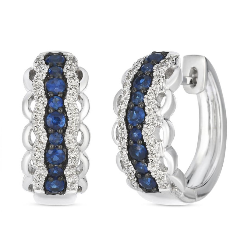 LE VIAN 14K VANILLA GOLD HUGGIE EARRINGS WITH 18 = 0.51TW ROUND BLUEBERRY SAPPHIRES AND 68 = 0.26TW ROUND G-H SI1-SI2 VANILLA DIAMONDS  (6.39 GRAMS)