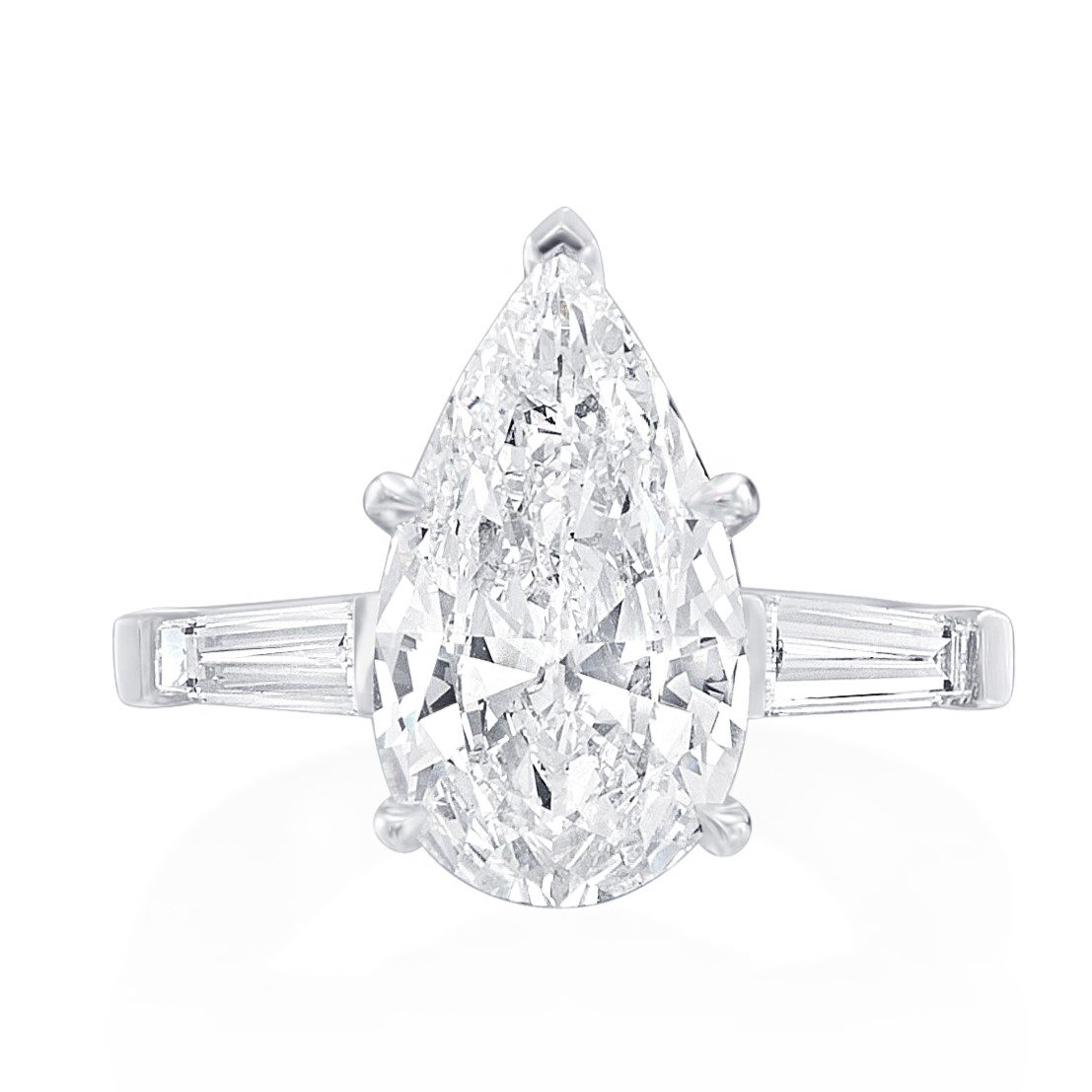 Korman Signature Platinum Pear Shaped Diamond Center Stone with  Tapered Baguette Side Stones Engagement Ring
