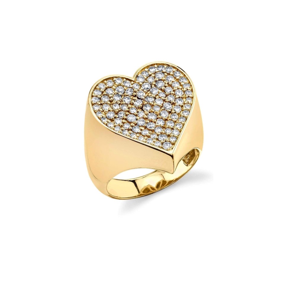 Sydney Evan 14kt Yellow Gold Large Pave Heart Signet Ring