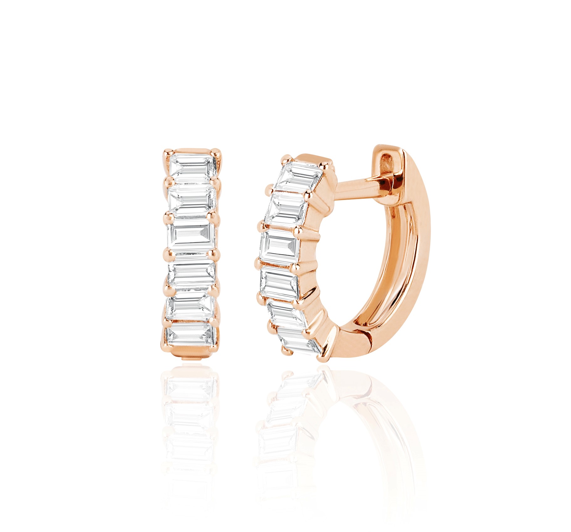 14kt Prong Set Diamond Baguette Huggie Hoops