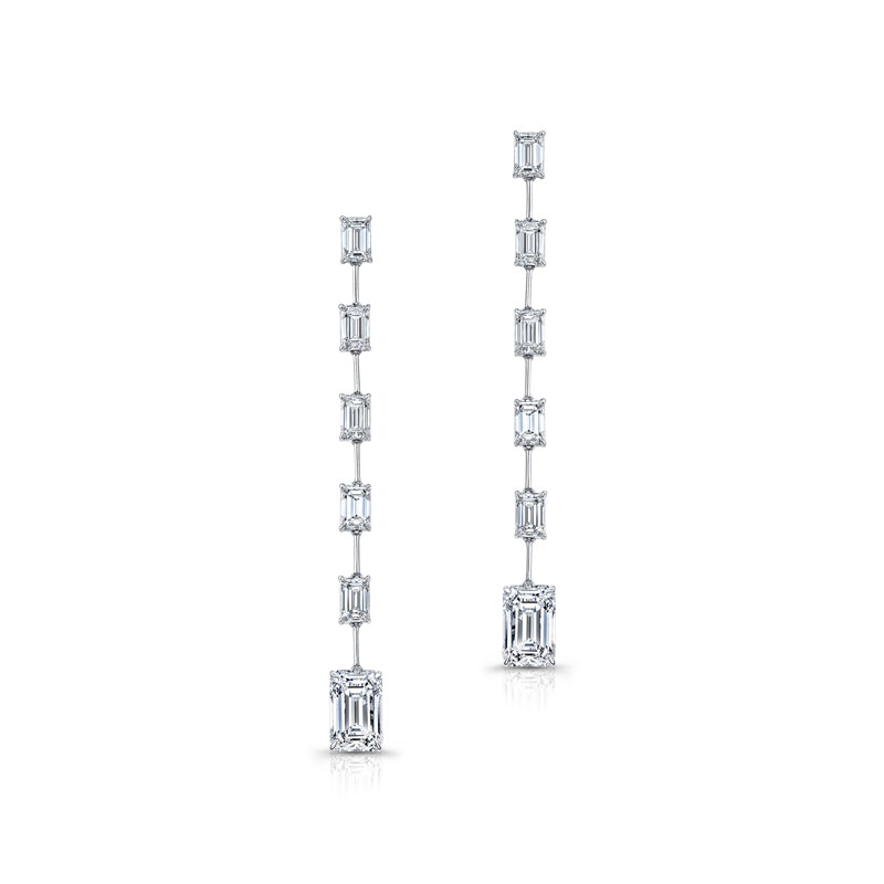 Korman Signature 18kt White Gold  Emerald Cut Diamond Bar Drop Earrings