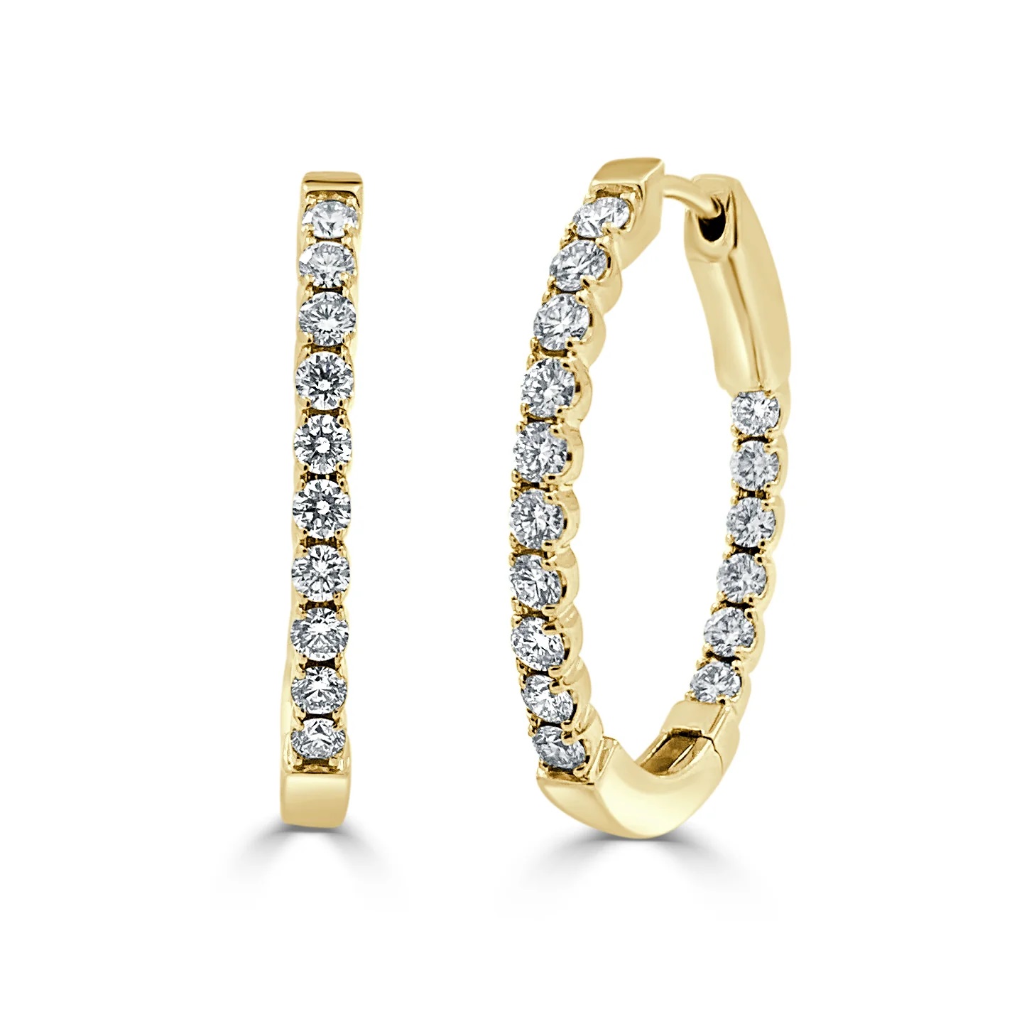 14k Gold & Diamond Oval Hoop Earrings - 1''