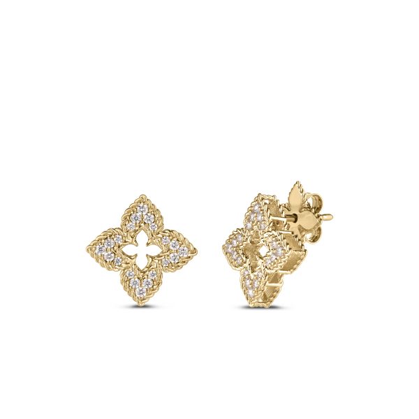 18k Yellow Gold Ventian Princess Small Diamond Pave Flower Stud Earrings
