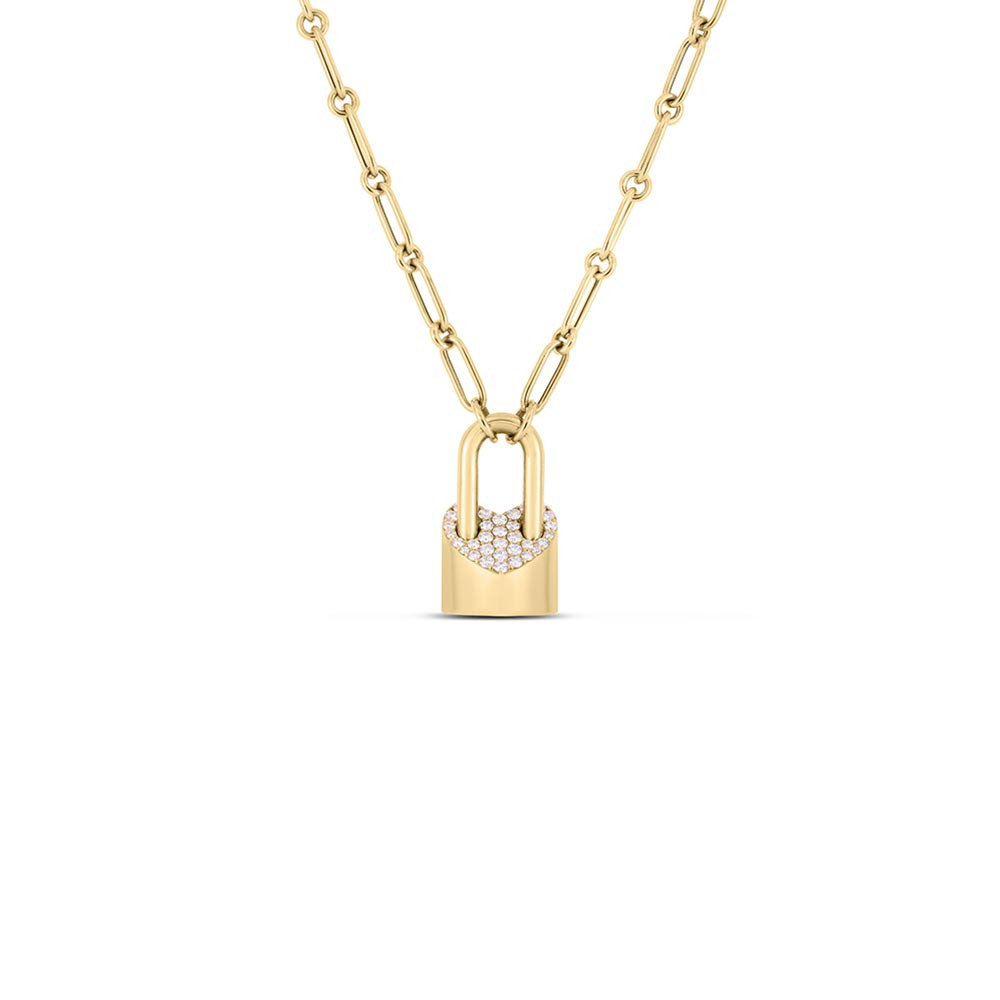 Ow Gold Heart Lock Pendant With 18kt Pave Diamond Padlock Pendant Necklace