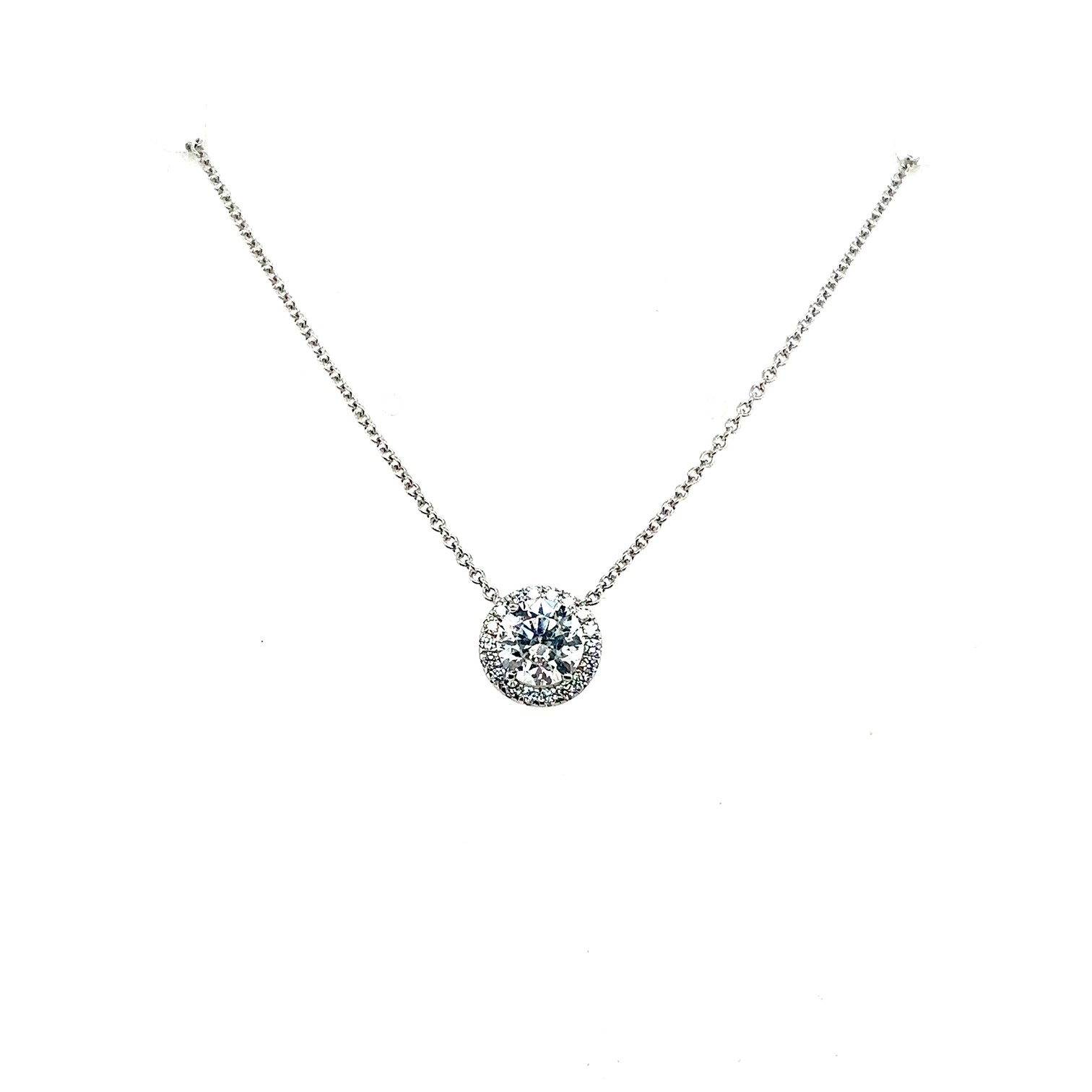 18kt White Gold 1.00ct Fg/si2-i1 Round Diamond Halo Pendant With 0.13ctw Diamond Melee On Cable Chain