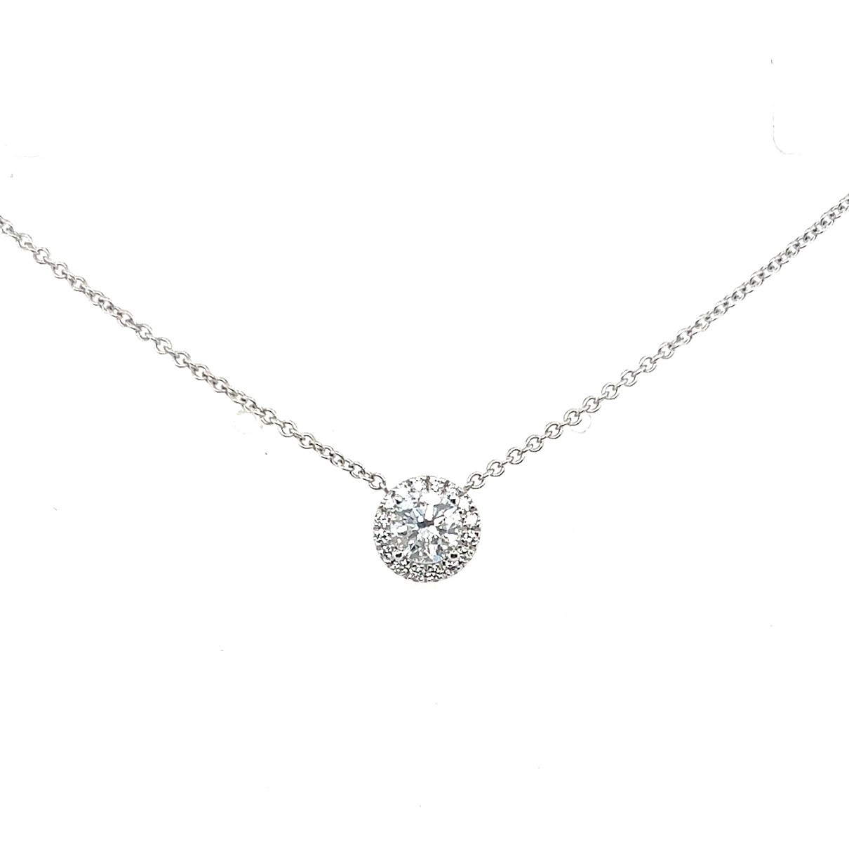 18kt White Gold Rbc Diamond Halo Pendant 0.55ct De/si2-i1 Center & 0.11ctw Rd Halo (0.66ctw) On 18 Cable Chain