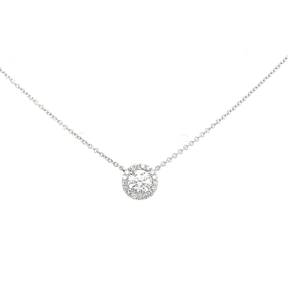 18kt White Gold Rbc Diamond Halo Pendant 0.70ct Ef/si2-i1 Center & 0.13ctw Rd Halo (0.83ctw) On 18 Cable Chain