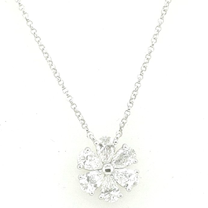 18k White Gold 1.26ctw 6 Gh Vs Pear Shape Diamond Flower Pendant Necklace 16-17" 11.5mmx11mm