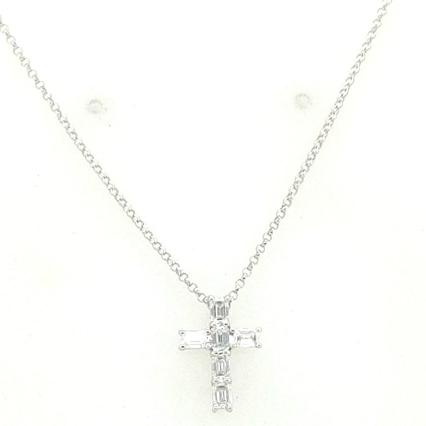 Korman Signature 18k White Gold  Emerald Cut Diamond Shared Prong Cross Pendant Necklace 15-16