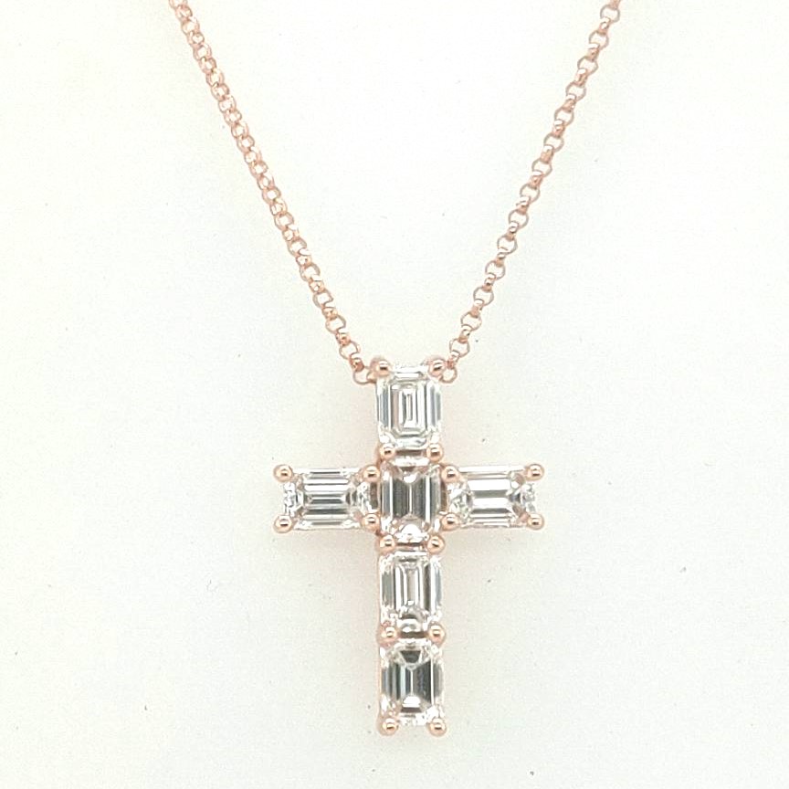 Korman Signature 18k Rose Gold 1.86ctw  Emerald Cut Diamond Shared Prong  Cross Pendant Necklace 15-16"