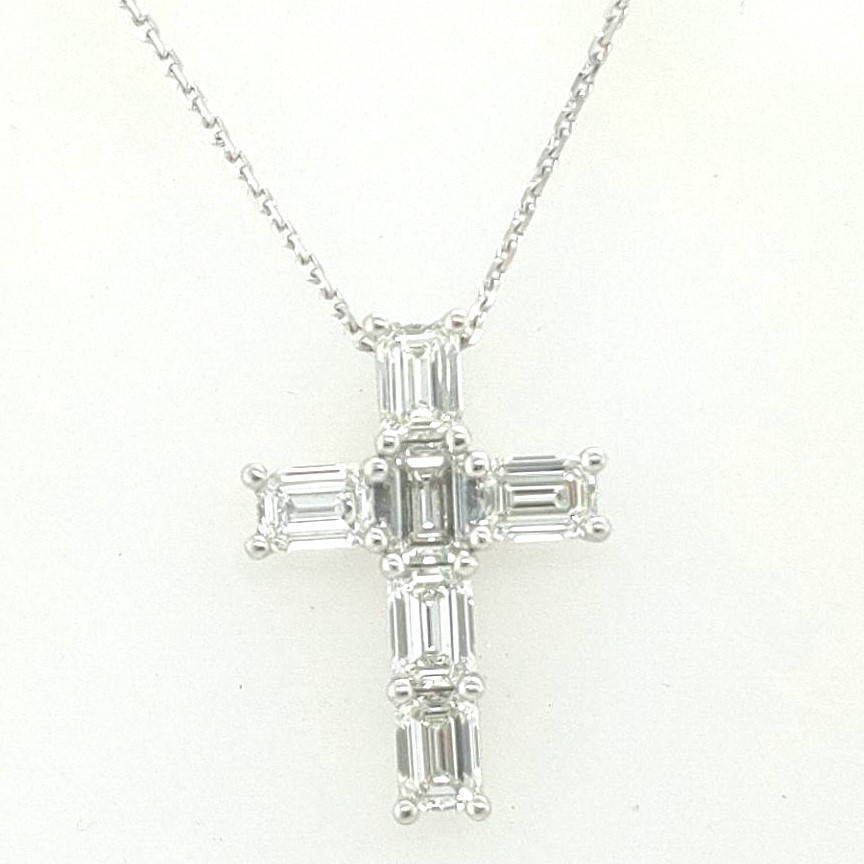Korman Signature Platinum 3.06ctw  Emerald Cut Diamond Shared Prong Cross Pendant Necklace 16-17"