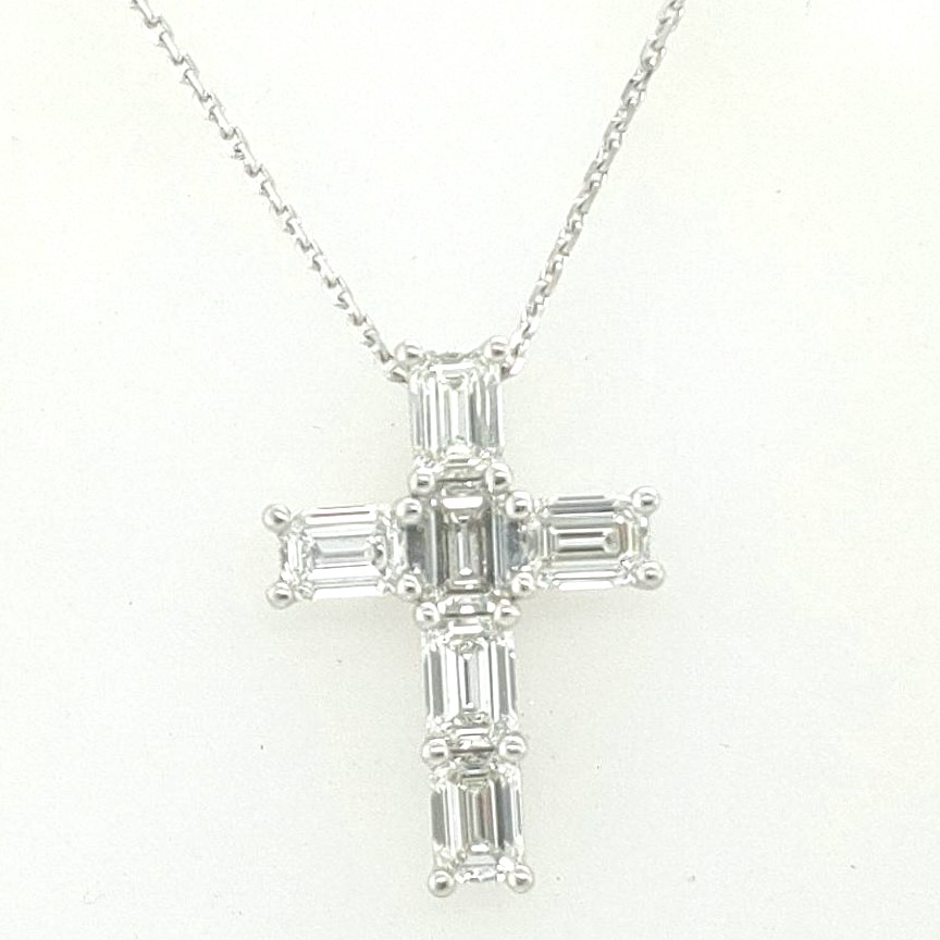 Korman Signature Platinum 3.06ctw  Emerald Cut Diamond Shared Prong Cross Pendant Necklace 16-17